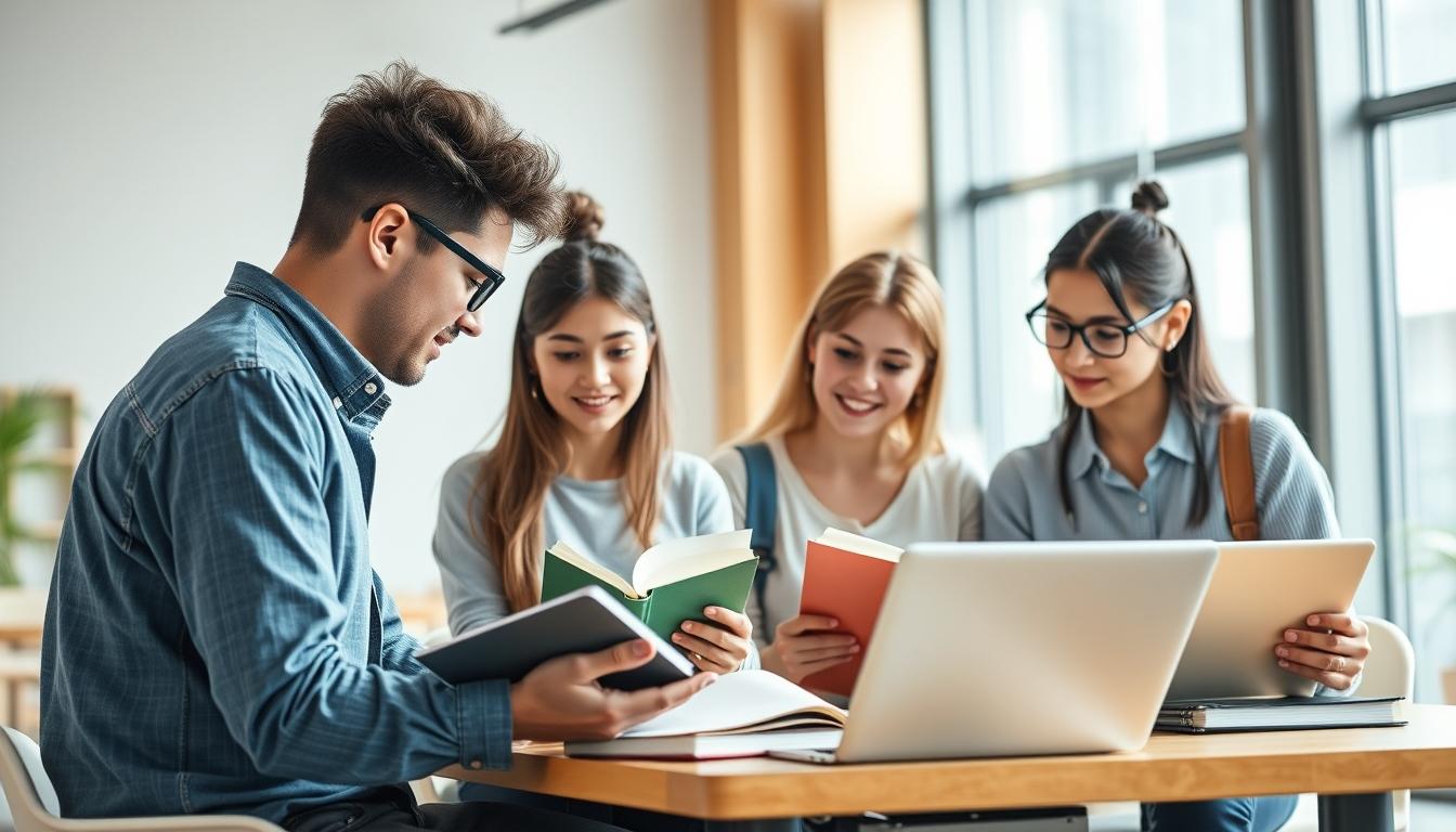 Students studying together in modern classroom